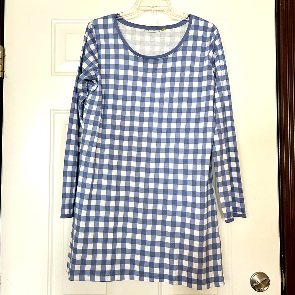 Checkered Organic Cotton LS Tunic Dress M NWOT Minimalist Career Classic